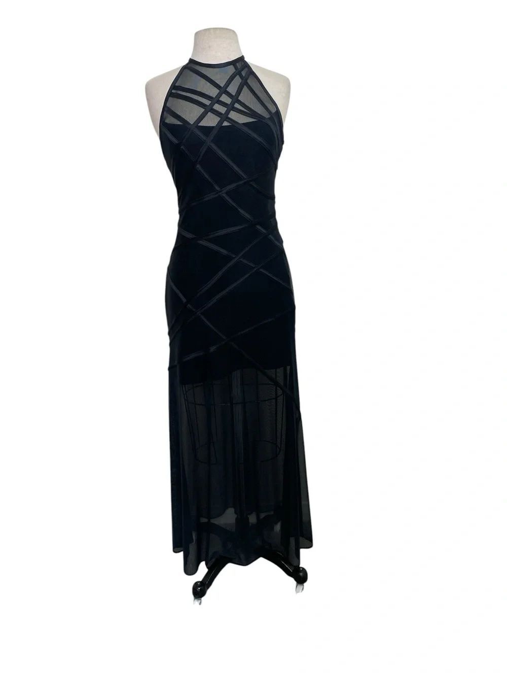 Tadashi Shoji Black Halter style  Sheer-Panel Maxi Dress